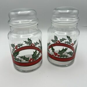 Libbey Holly Berry Leaves Christmas Glass Jar Canister with Lid Vintage Set Of 2